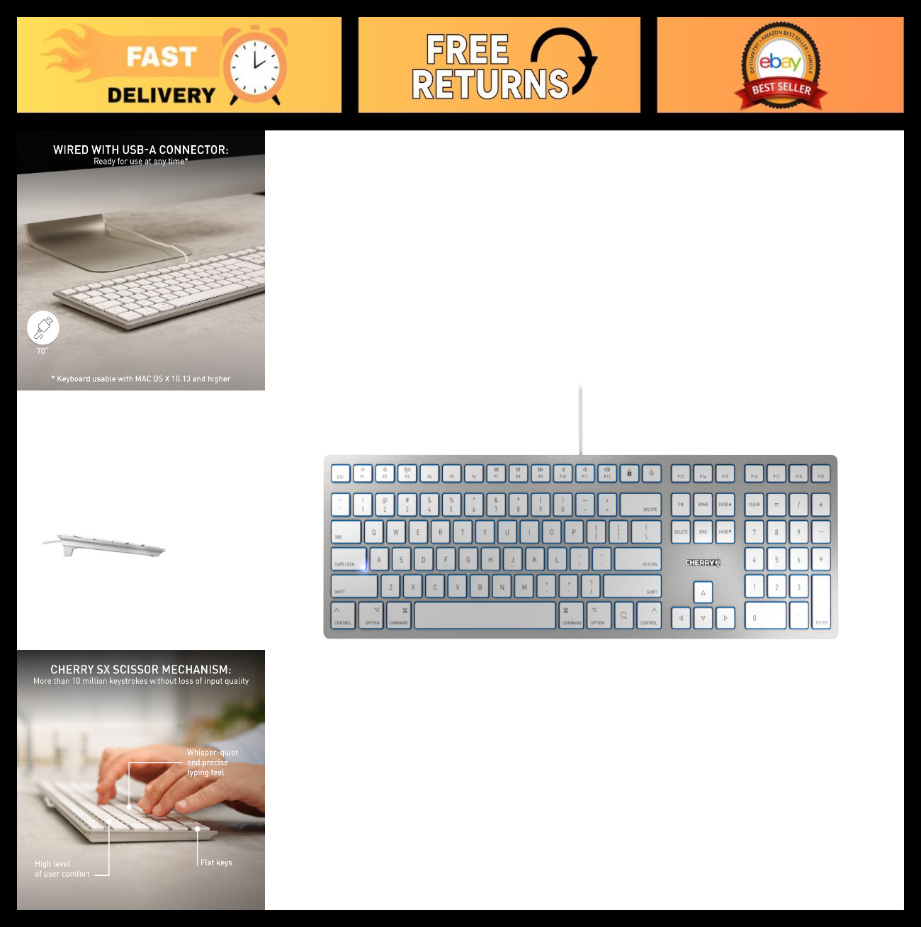 Slim Wired Mac Keyboard with Number Pad, USB-A, Whisper-Quiet Keys, QWERTY, Silv