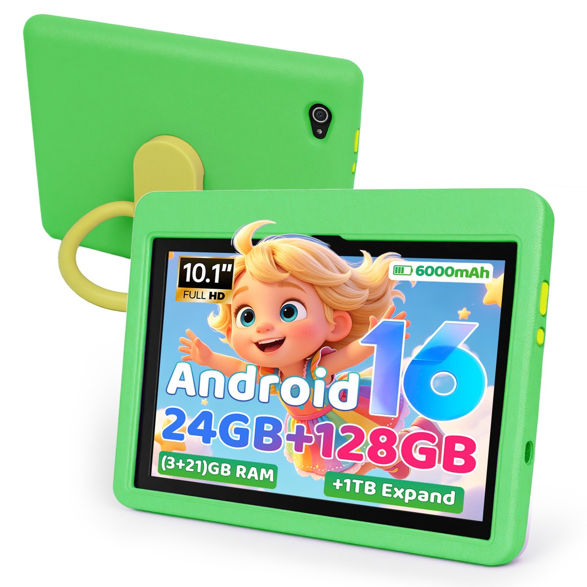 Urao Kids Tablet, 10 Inch Android 16, 24GB RAM, 128GB ROM, Dual Camera, IPS