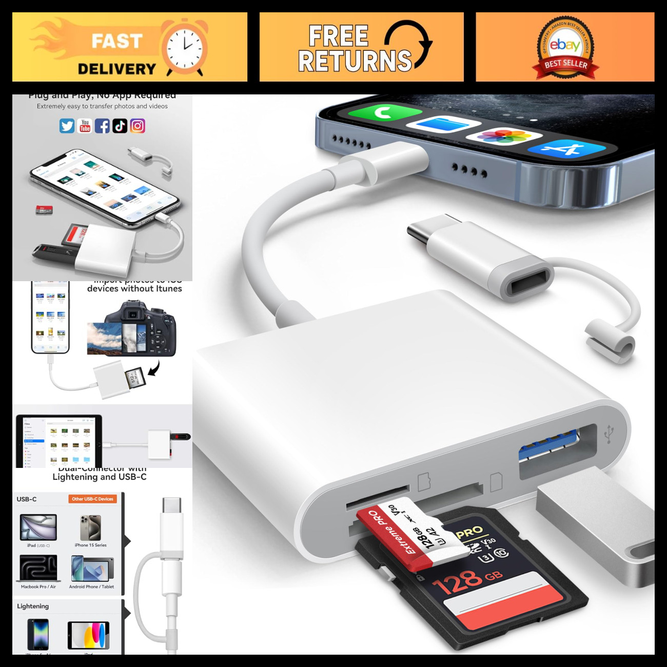 SD Card Reader for iPhone iPad - Lightning & USB-C Dual Connectors, 3 Slots, Plu