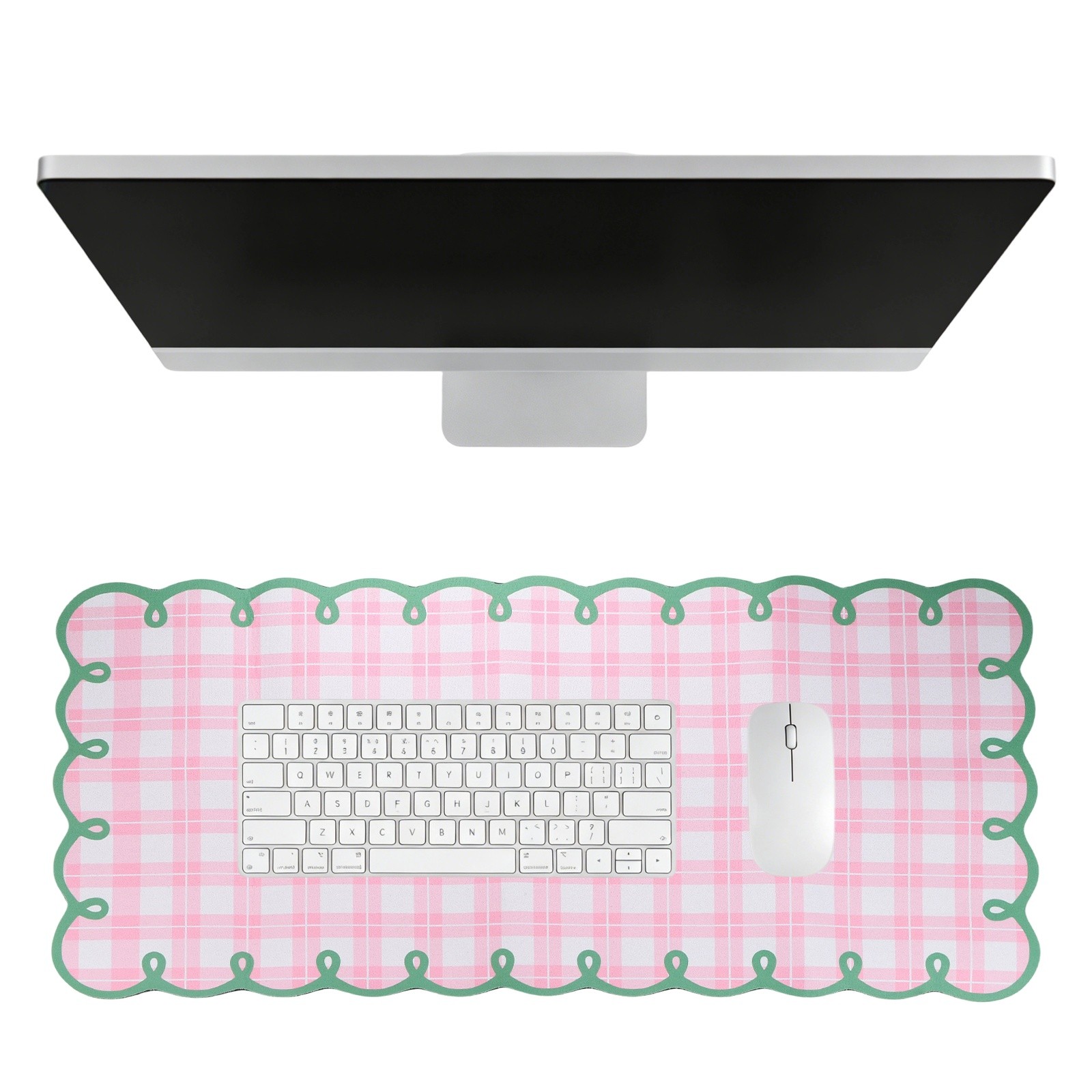 Scalloped Desk Mat, 31.5 x 15.7" Checkered Large Mouse Pad, Pink Green