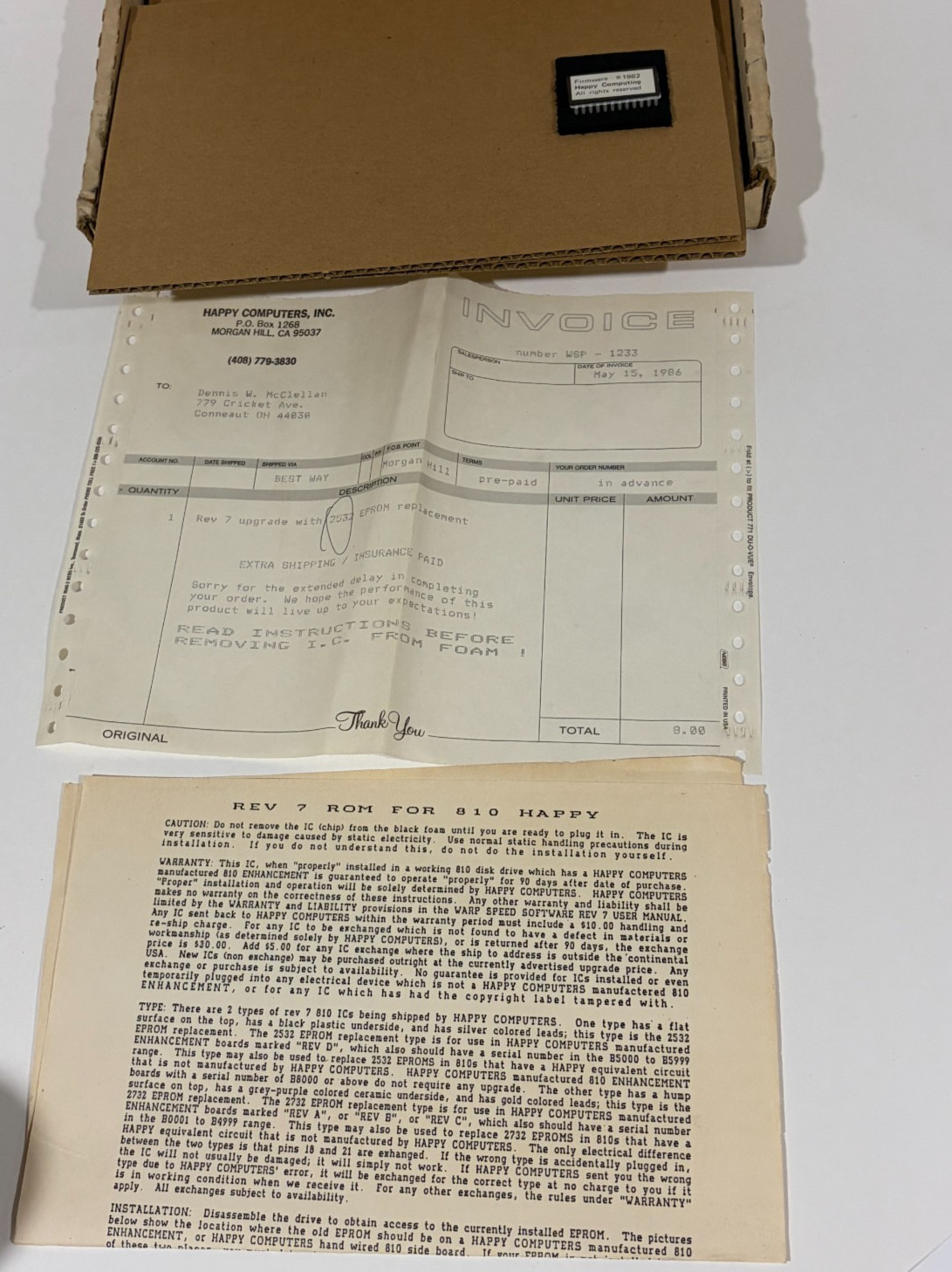 Atari 810 Rev 7 ROM Chip with manual and receipt Happy Computing