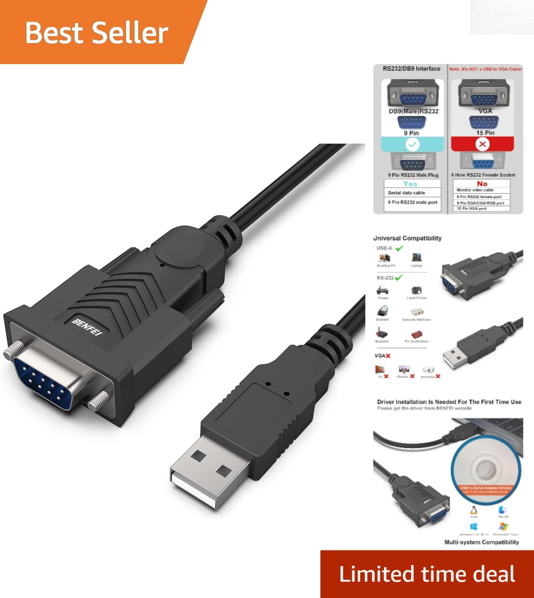 1.8M USB to DB9 Serial Adapter Cable - Plug & Play with Wide OS Compatibility