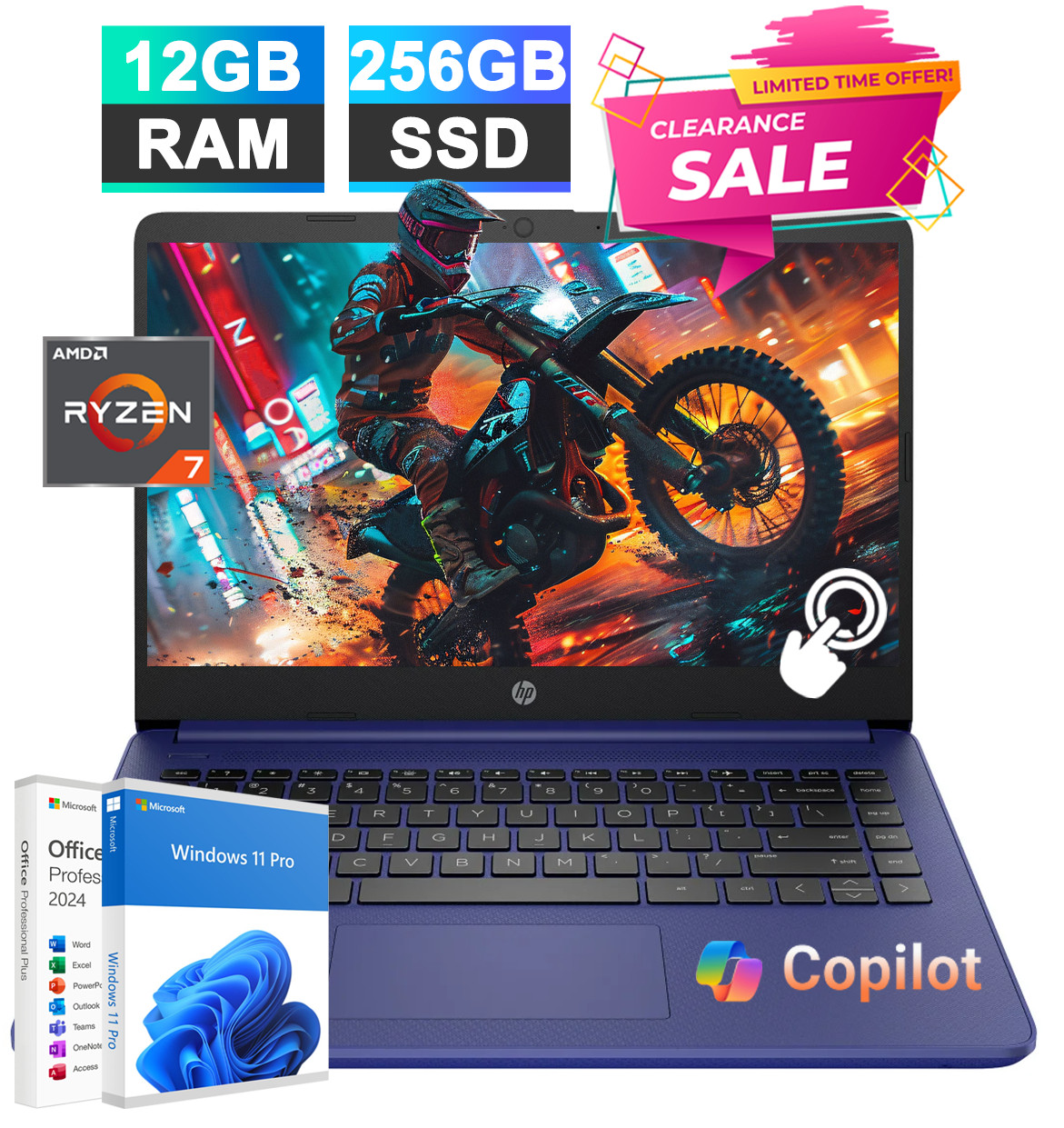 HP Laptop Computer 14", 8-Core Ryzen 7, 12GB RAM 256GB SSD, Win 11 Pro MS Office