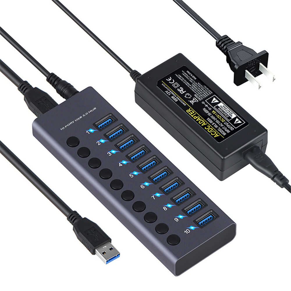 New 60W Powered 10 Ports 5Gbps Multi USB 3.0 HUB Splitter Switch For PC Laptop