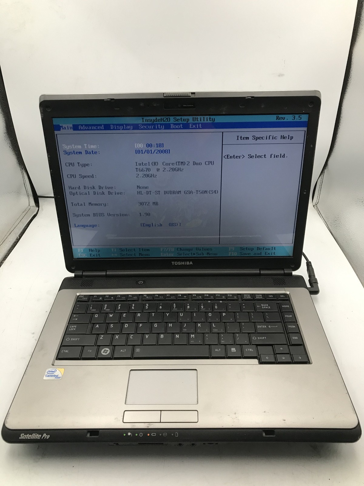 TOSHIBA SATELLITE PRO L300 EZ1525 -BOOTS TO BIOS- INTEL T6670 - NO RAM -READ- BB