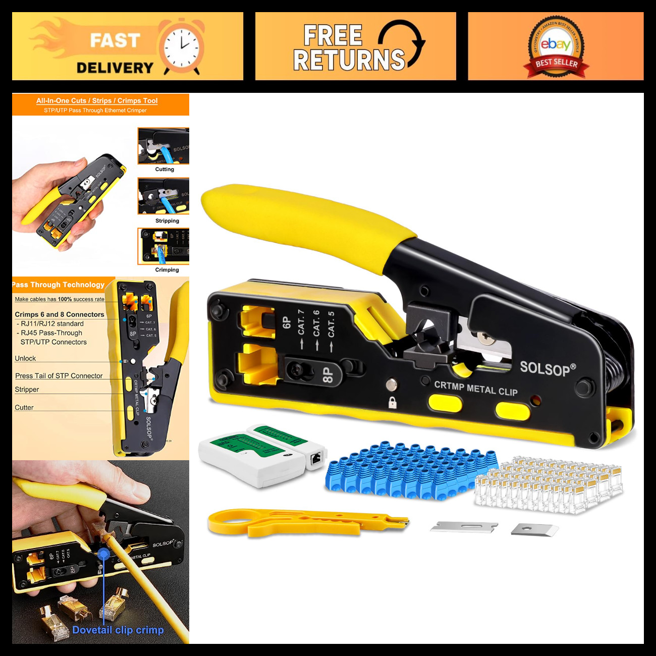 All-in-One Ethernet Crimp Tool Kit - Pass Through RJ45 Crimper & Accessories