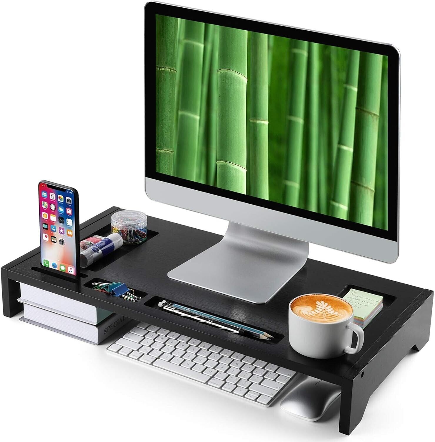 Bamboo Monitor Stand Riser 23" Finished with Storage Organizer Computer Stand