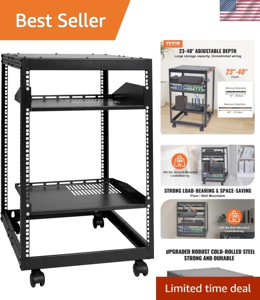 15U Open Frame Server Rack, 23''-40'' Adjustable Depth, Free Standing or Wall...