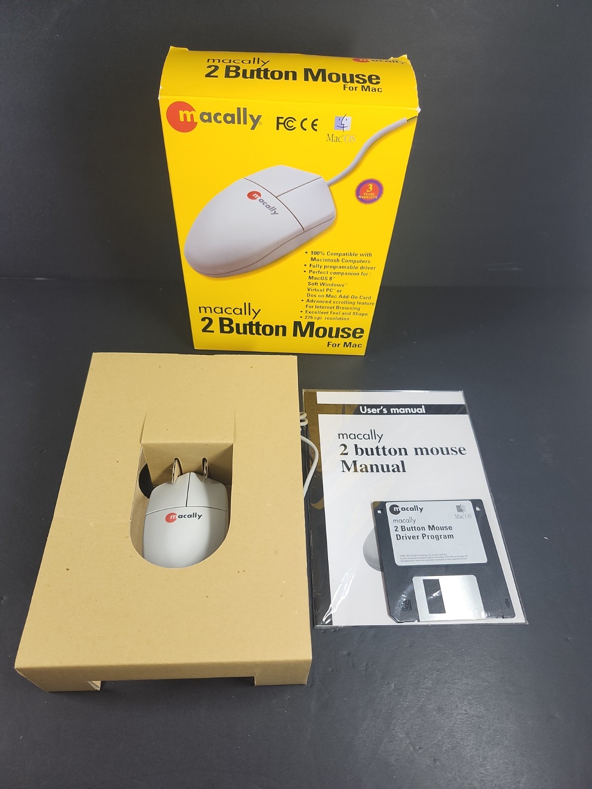 Vintage Macally 2 Button Mouse for Mac ADB New Open Box w/ Driver Disk Manual