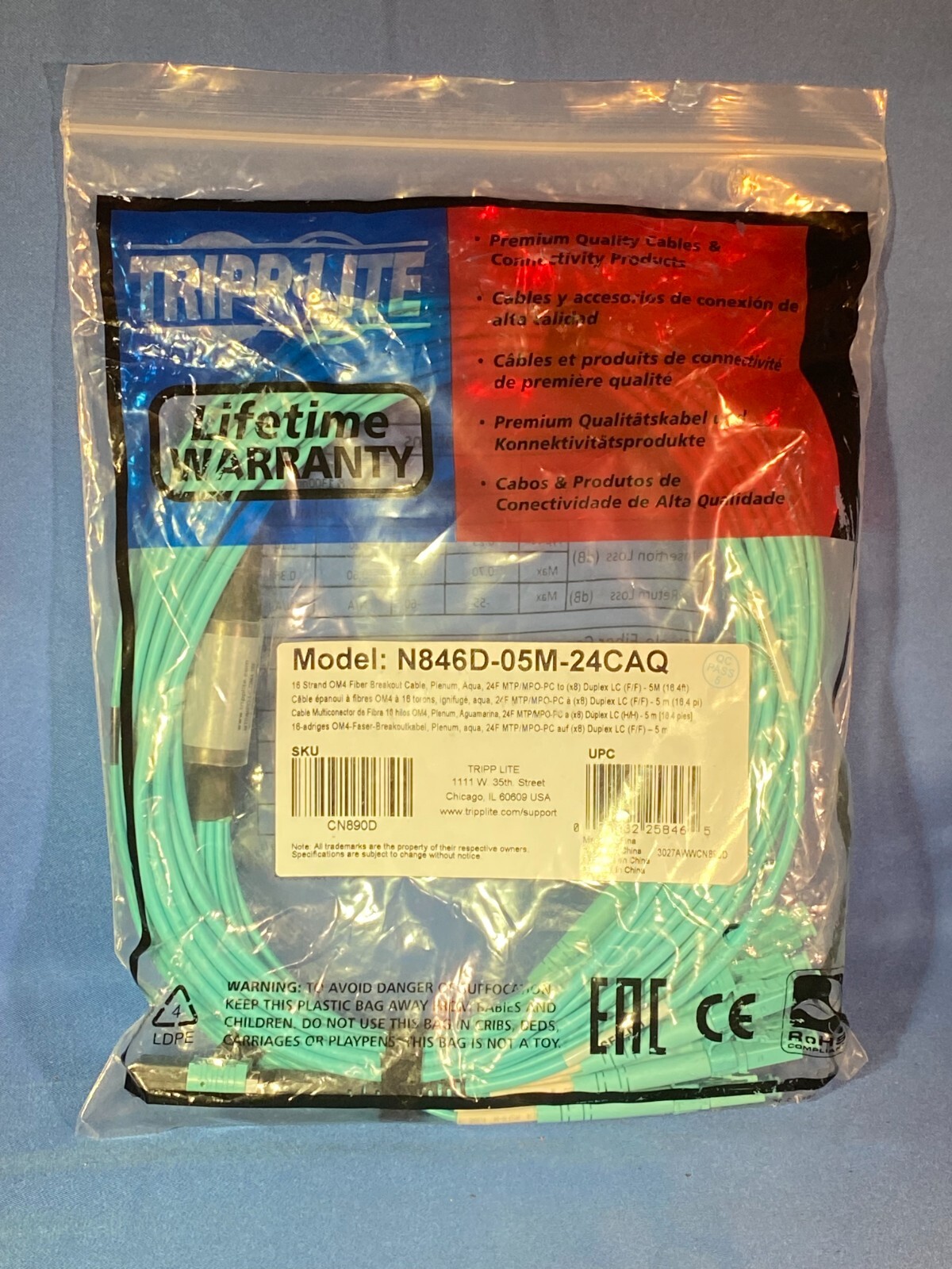 NEW Tripp-lite N846D-05M-24CAQ 16 Strand OM4 Fiber Breakout Cable Aqua