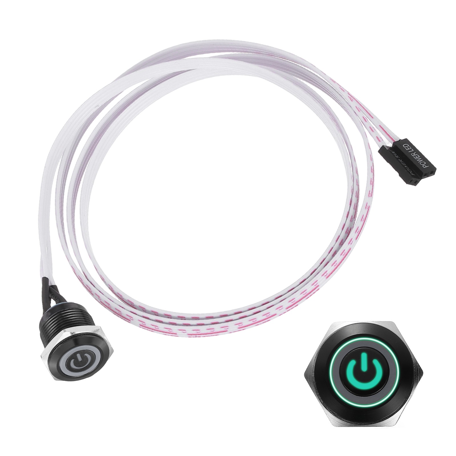 Chassis Metal Button 16mm Power Symbol Green LED Power Button 100cm Wire, Black