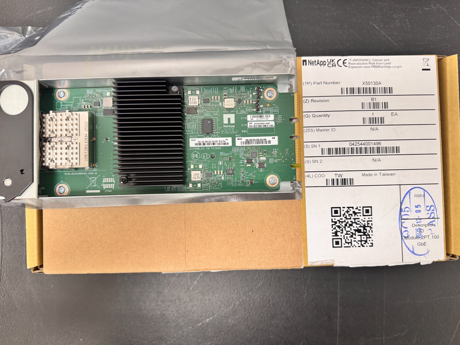 NetApp X50130A 2-Port 100GbE QSFP28 I/O Module 110-00771 (SN 042544001496) *NEW*