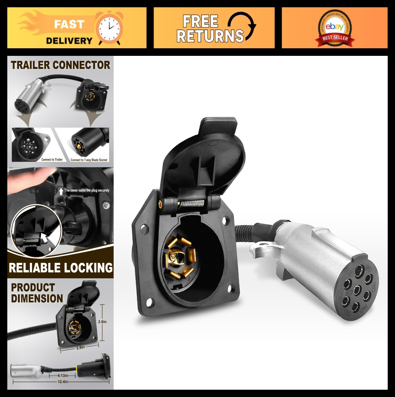 7 Pin Round to 7 Way RV Blade Trailer Plug Adapter - 12V Connector for Truck, Ve