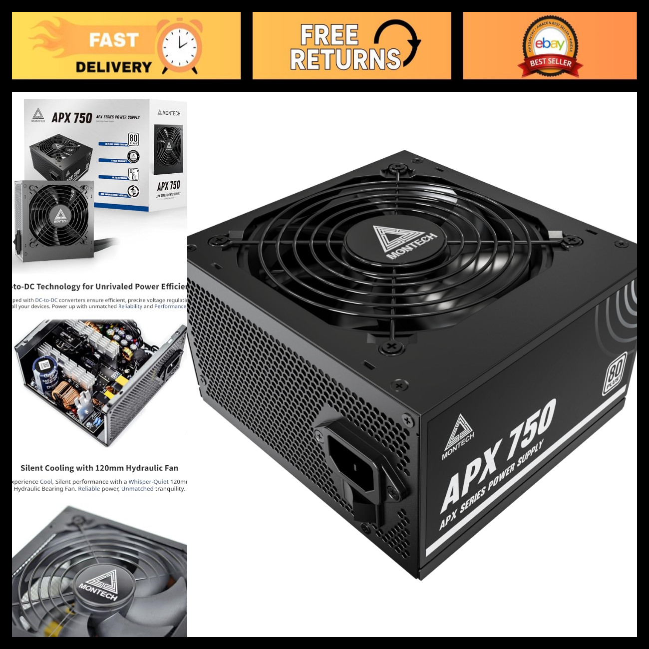 750W Non-Modular ATX Power Supply, 80 Plus White Efficiency, Black Case
