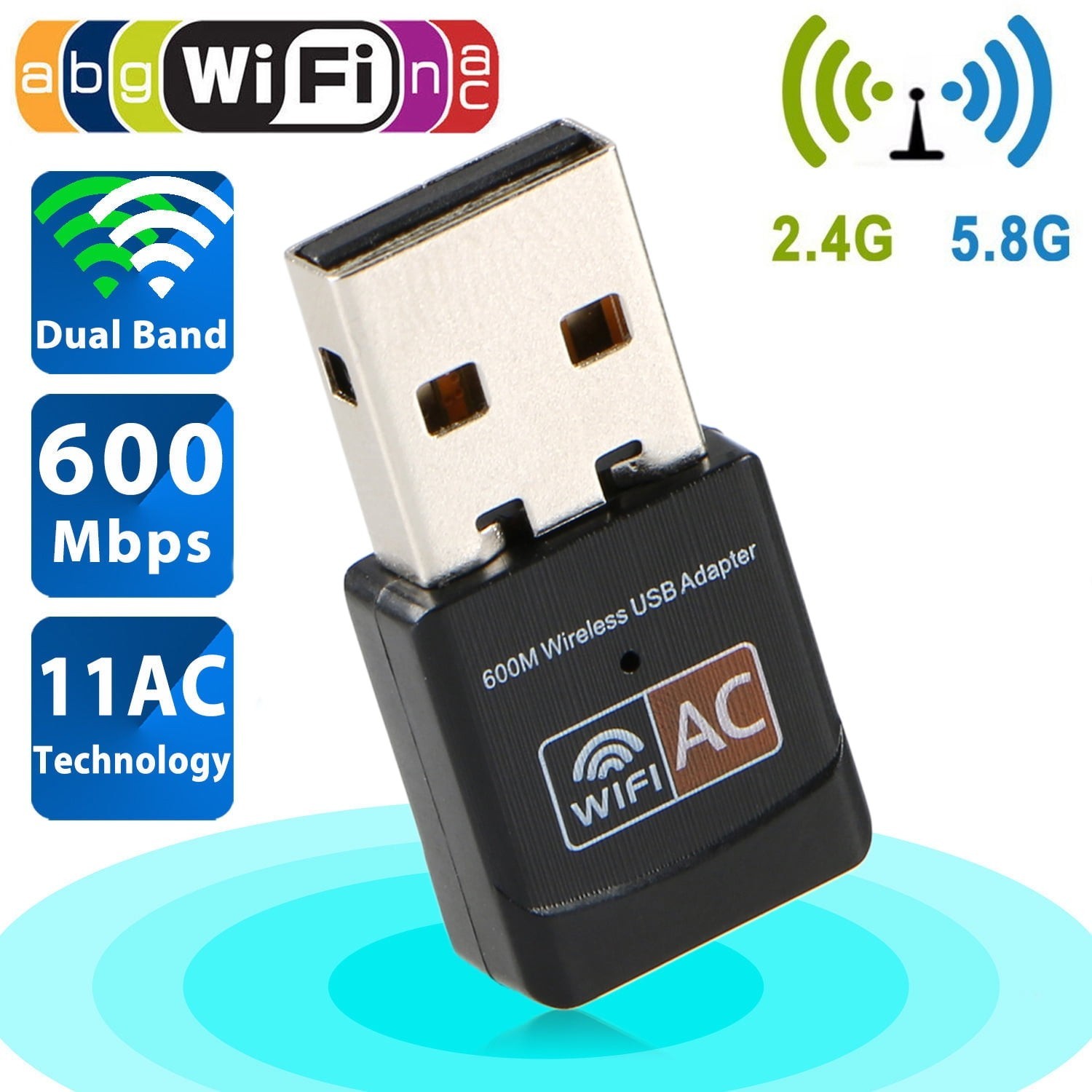 AC600 WiFi Adapter Dual Band 2.4G/5GHz Wireless USB for Desktop PC