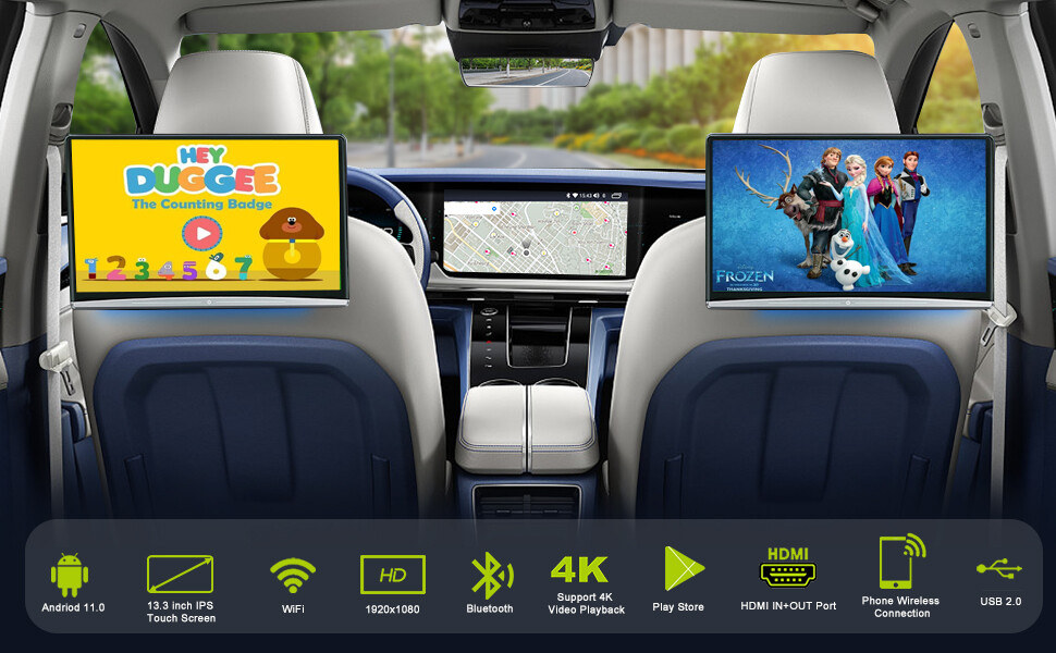 13.3Inch Auto Rear Monitor Car Headrest Player Video USB TF WIFI BT Androind 11