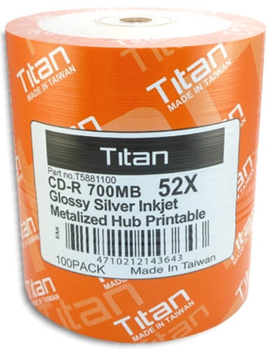 100-Pak =SEMI-GLOSSY= Titan 52X 80-Min Silver Inkjet Hub CD-R's, Titan T5881100