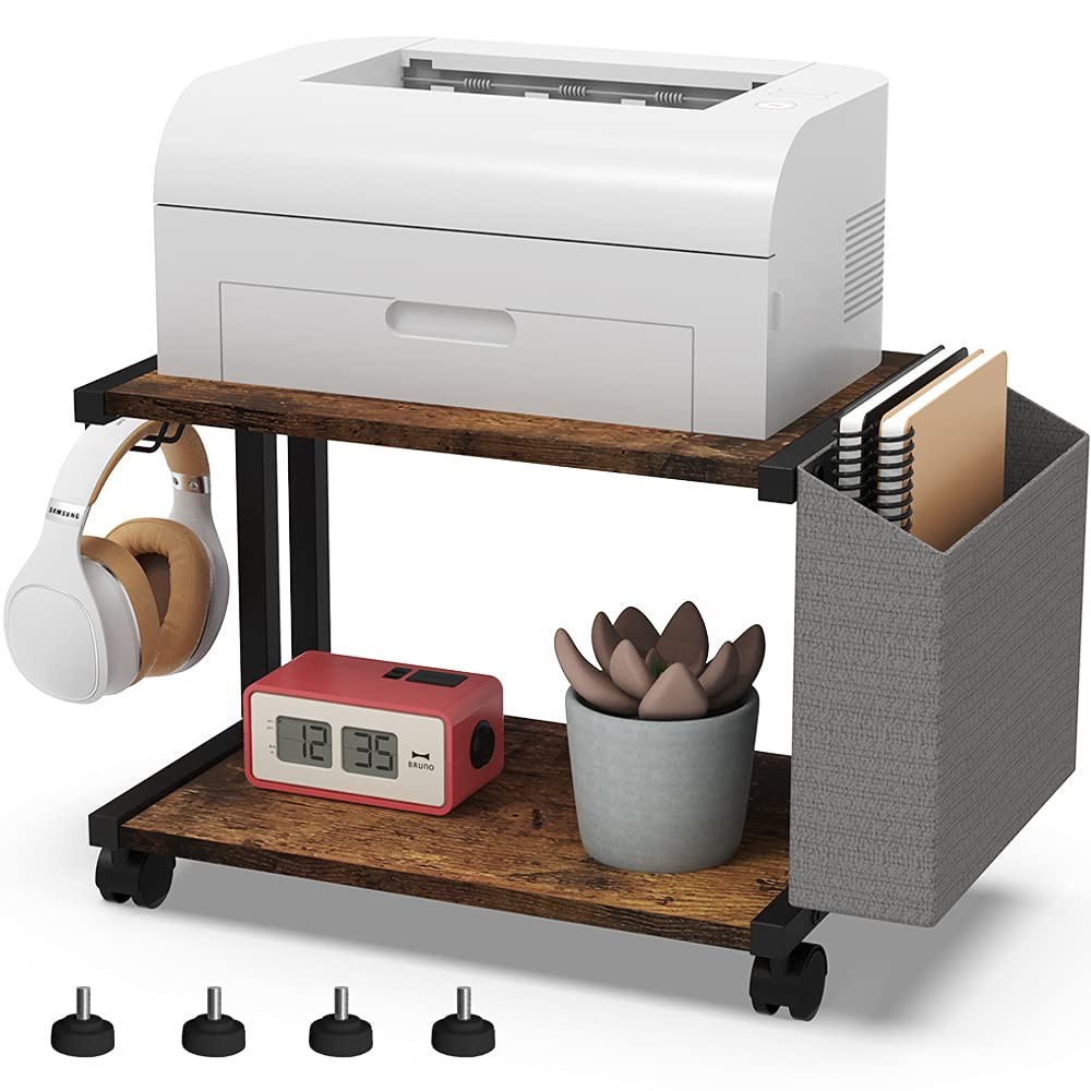 VEDECASA 2 Tier Rustic Brown Wooden Printer Stand with Storage Bag Caster Wheel