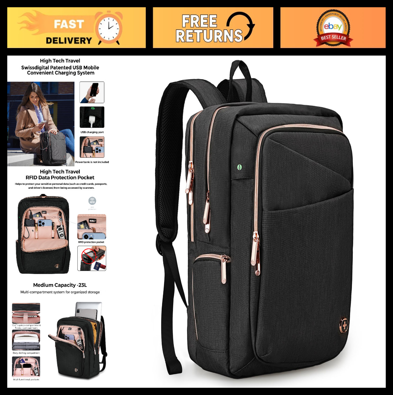 Design Laptop Backpack for Women, With USB Charging Port Computer Work Backpack