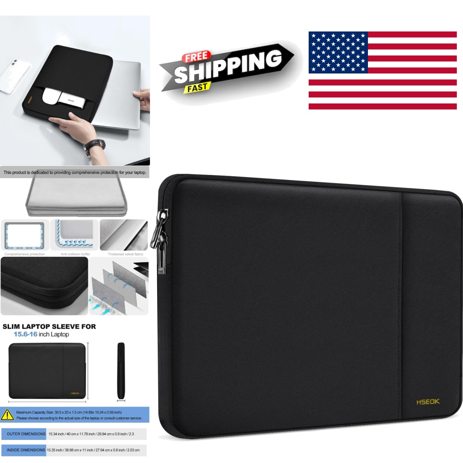 Laptop Sleeve 15.6 Inch Waterproof Case for Most Notebooks Black Modern Design