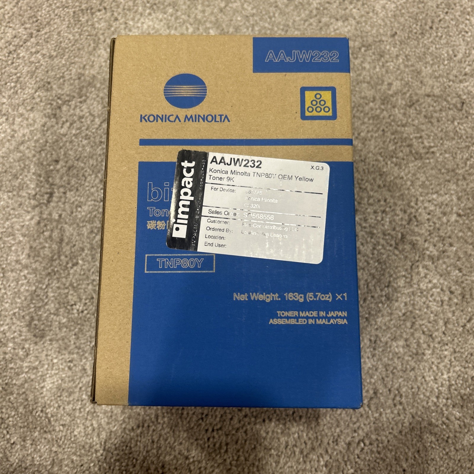 Konica Minolta AAJW232 TNP80Y Yellow Toner Cartridge Bizhub C3320i C3321i New
