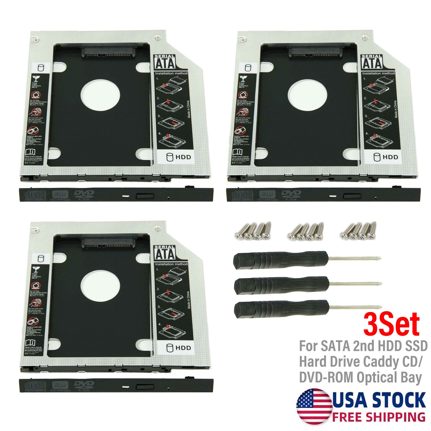 9.5mm Universal For SATA 2nd HDD SSD Hard Drive Caddy CD/DVD-ROM Optical Bay 3X