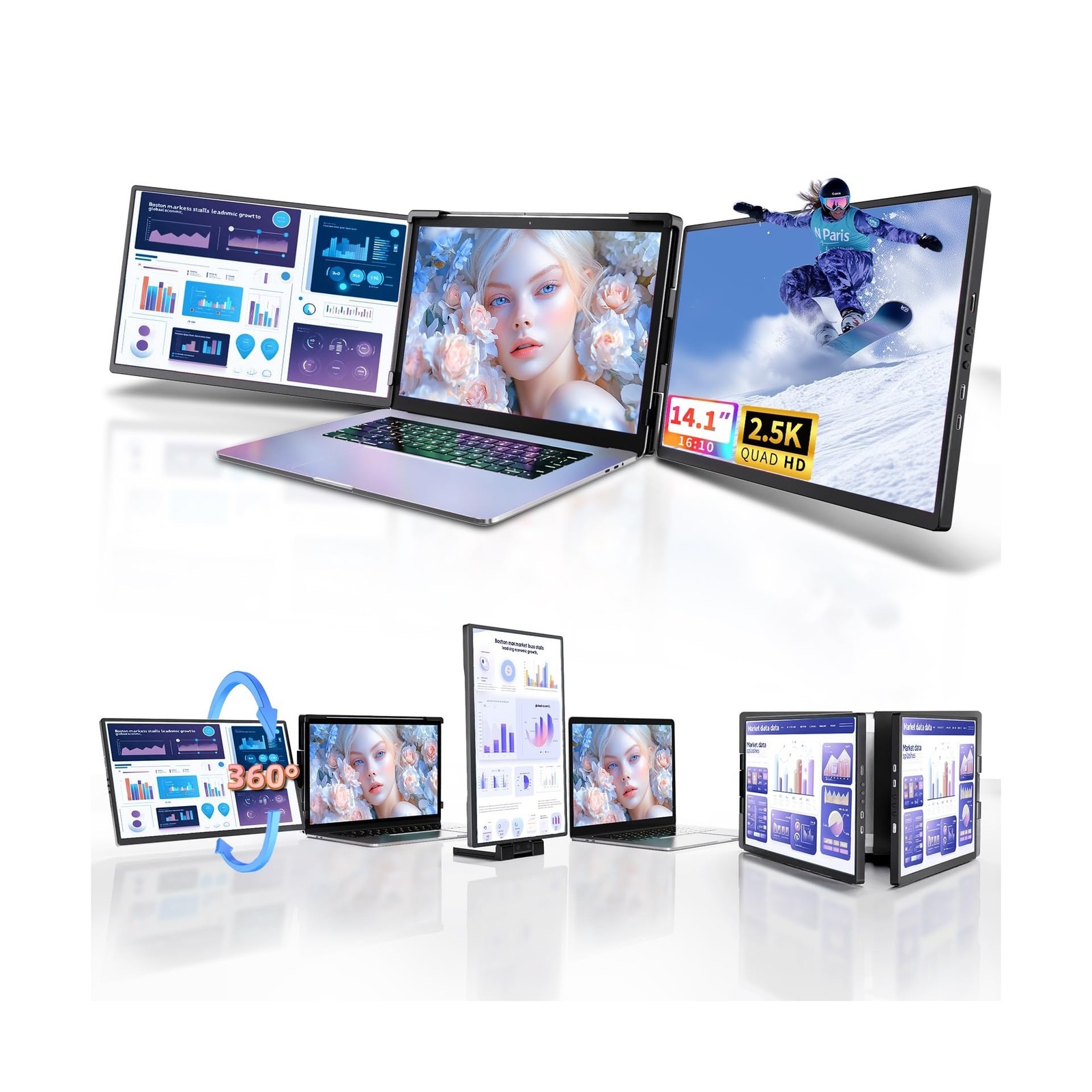 Laptop Screen Extender Monitor Portable - 2.5K Triple Laptop Screen Extender,...
