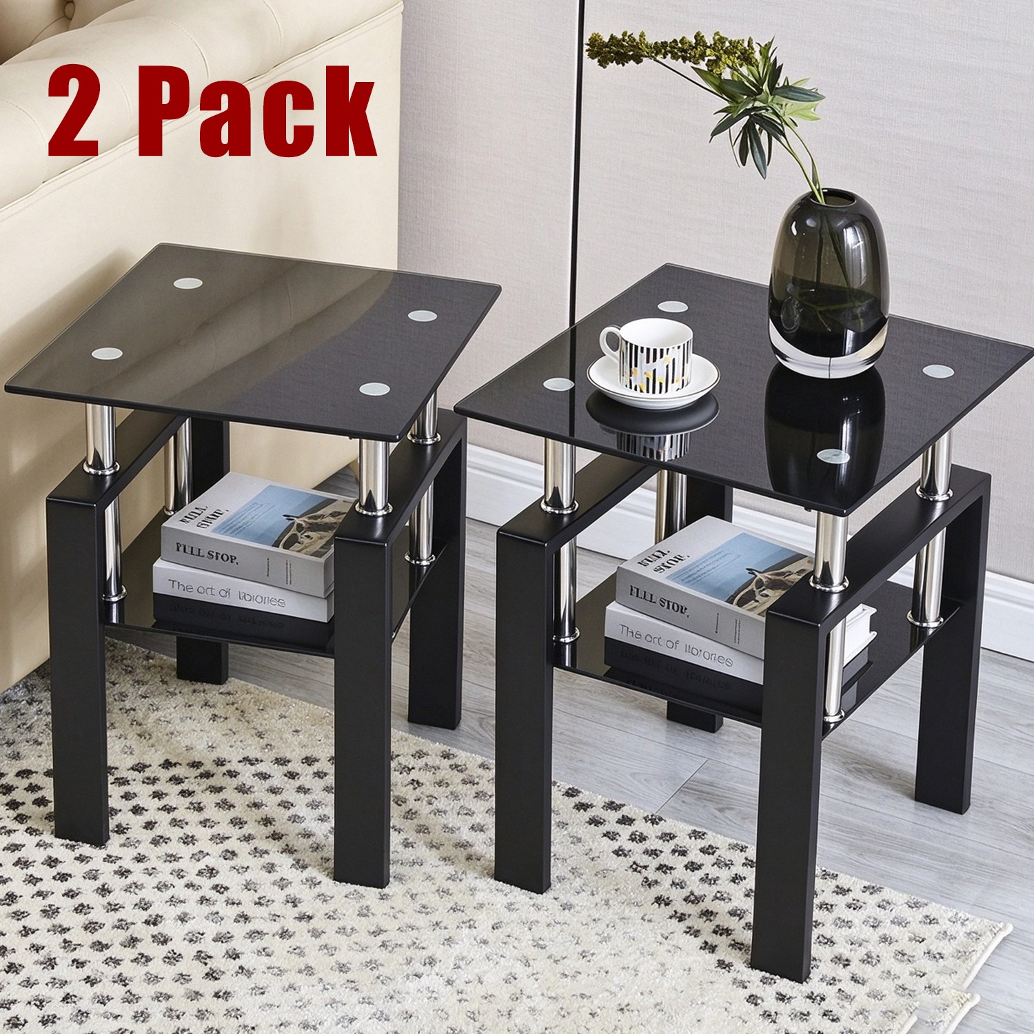 2 Packs Tempered Black Glass Sofa Table Metal Leg for Living Room 17.7x17.7x20"H