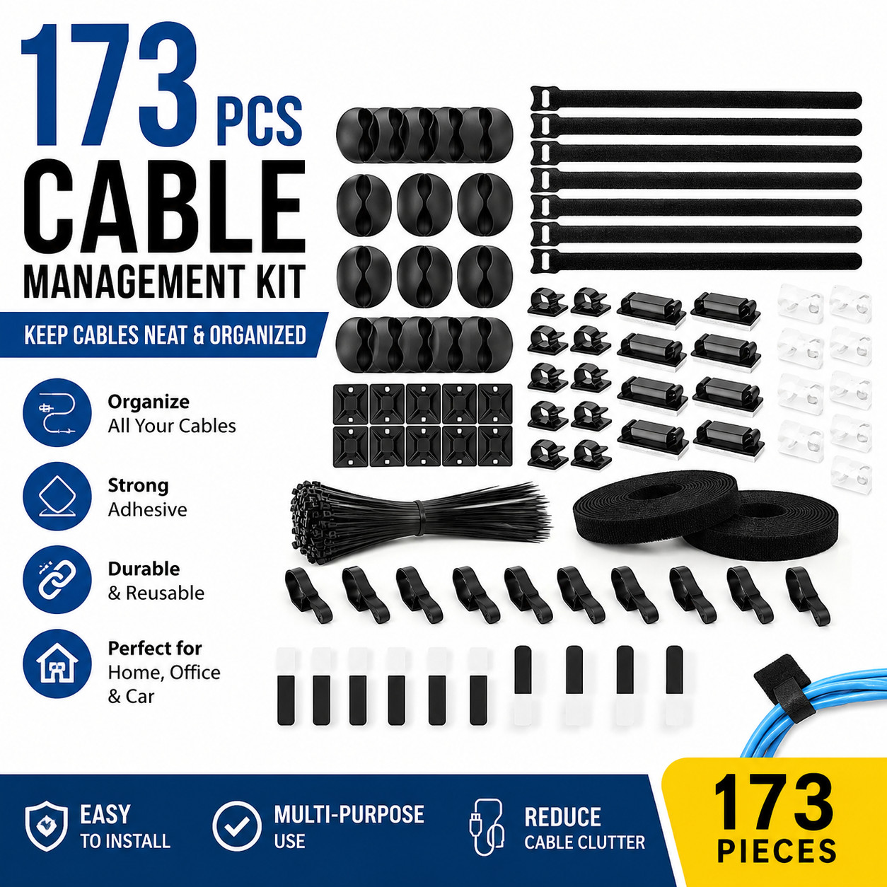 173PCS Cable Management Kit Wire Organizer Zip Ties Cord Holder Clips Adhesive