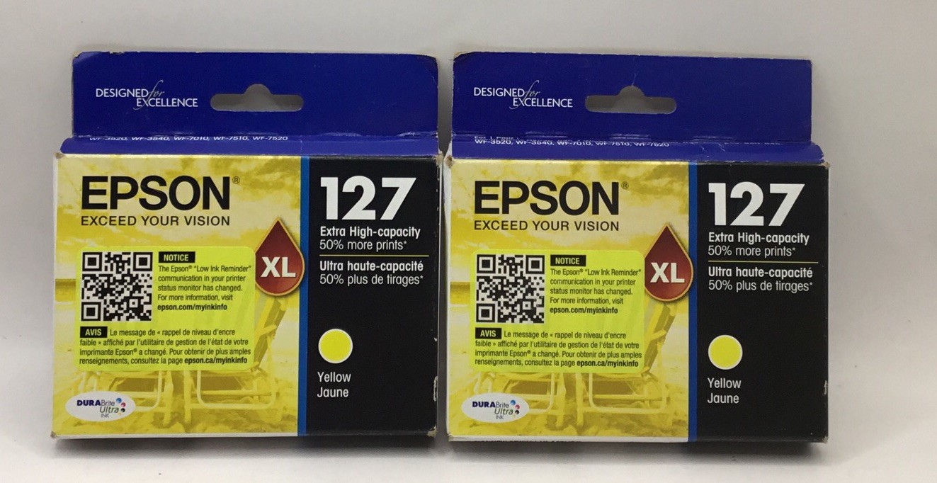 2 BOXES EPSON 127XL YELLOW High Capacity Ink Cartridge T127420 Exp 5/25