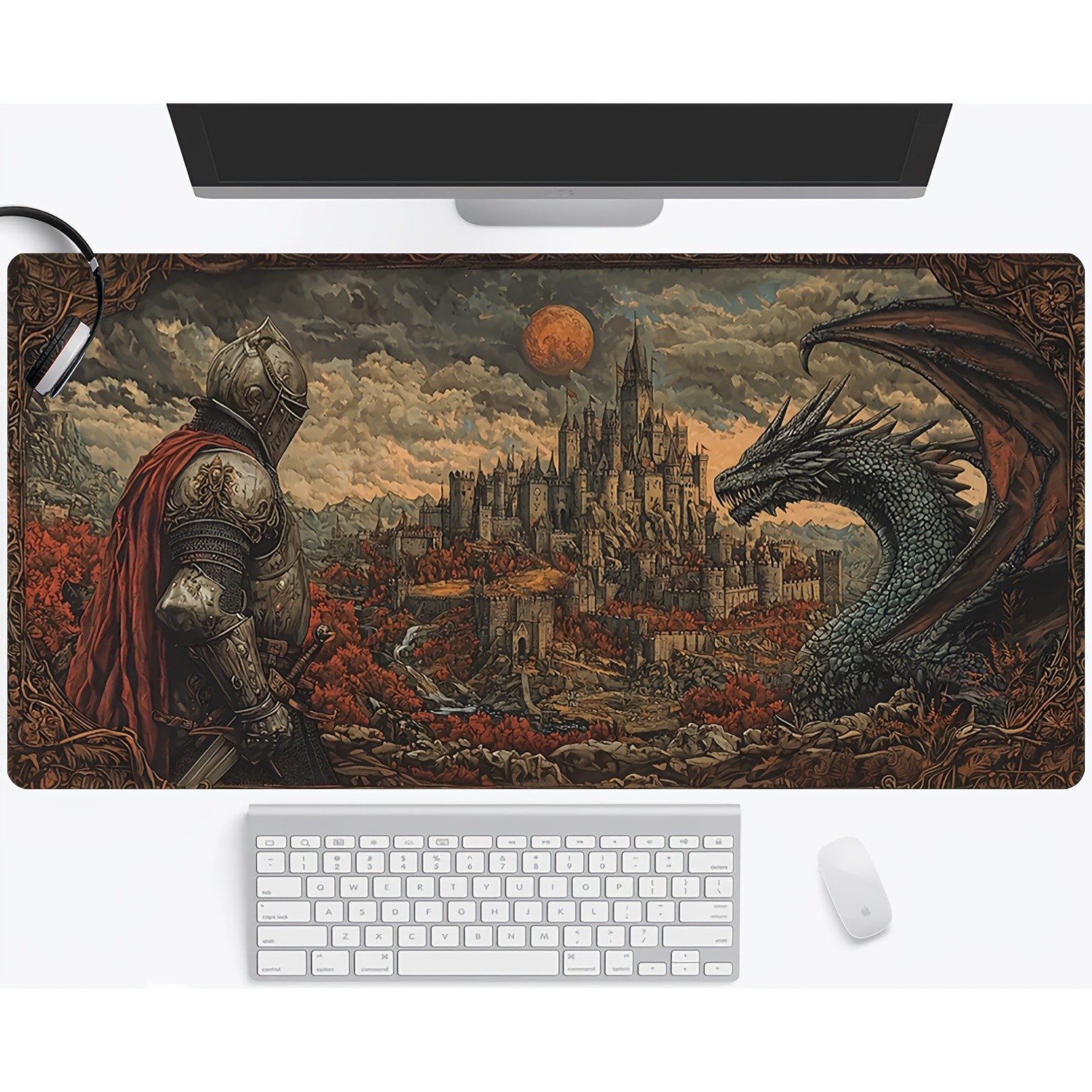 Large HOSWN Ancient Warrior & Dragon Gaming Desk Pad Compatible for PC/Laptop/