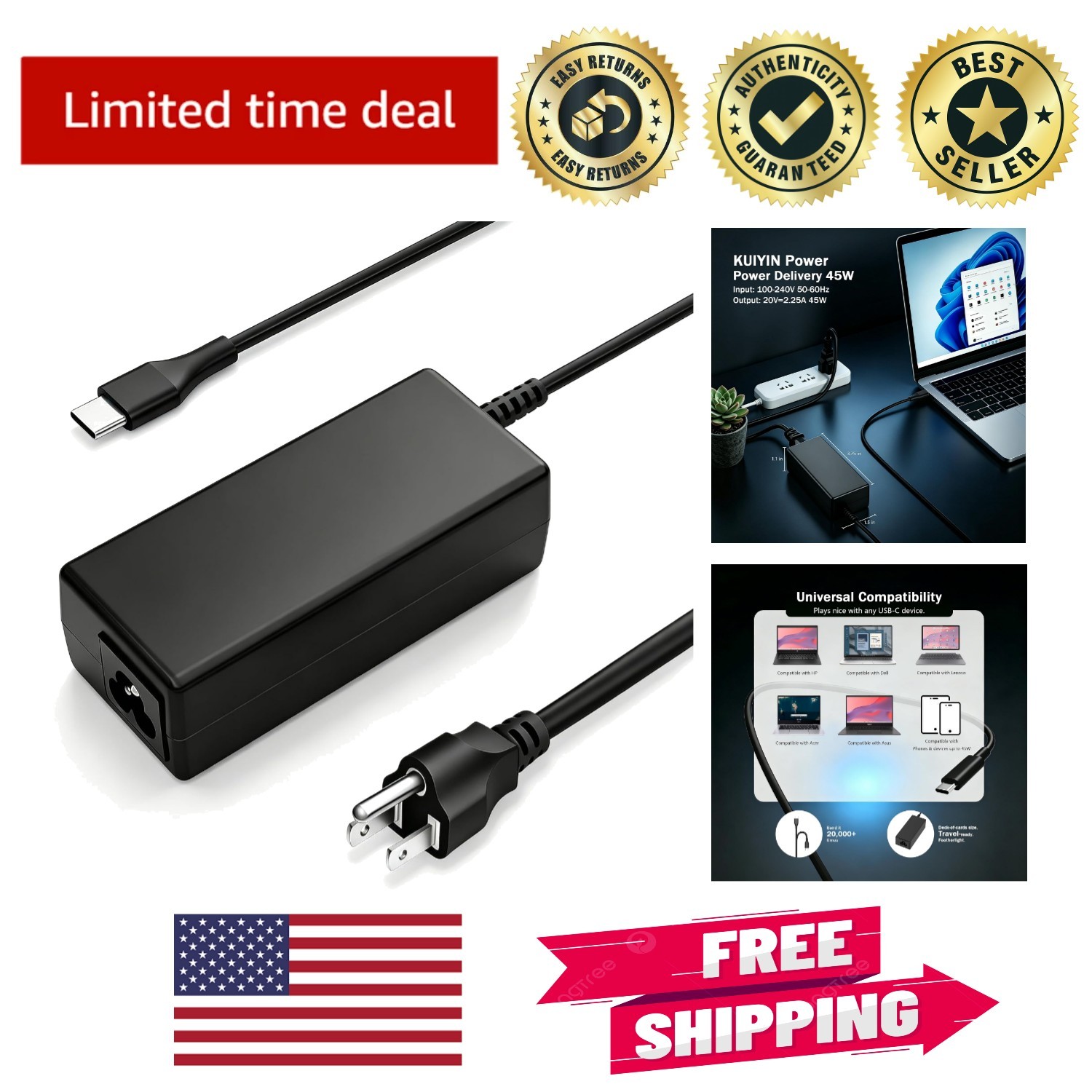 Safe and Efficient 45W USB Type C Laptop Charger - Includes Essential Power Cord