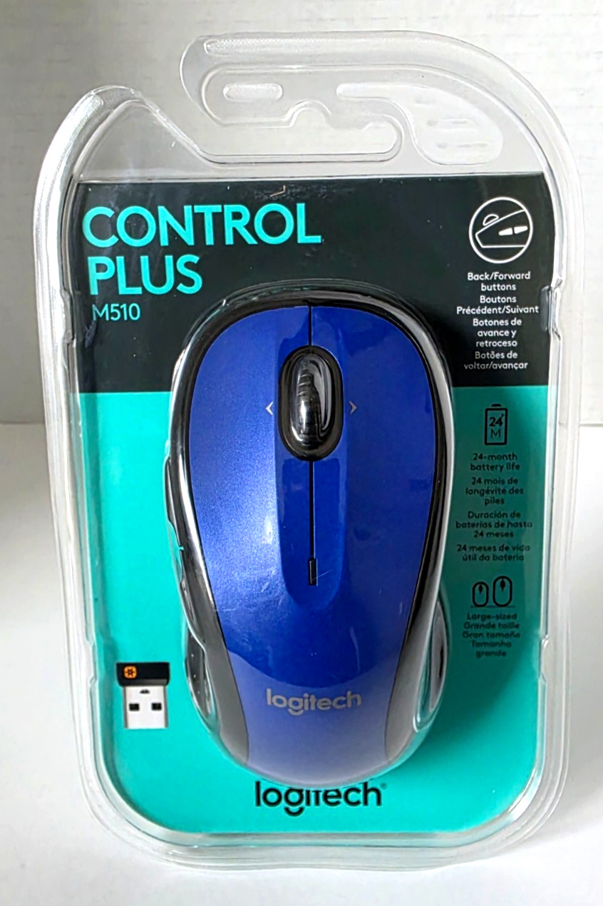 Logitech M510 Control Plus Wireless Large Mouse Blue Black 7 Button New & Sealed