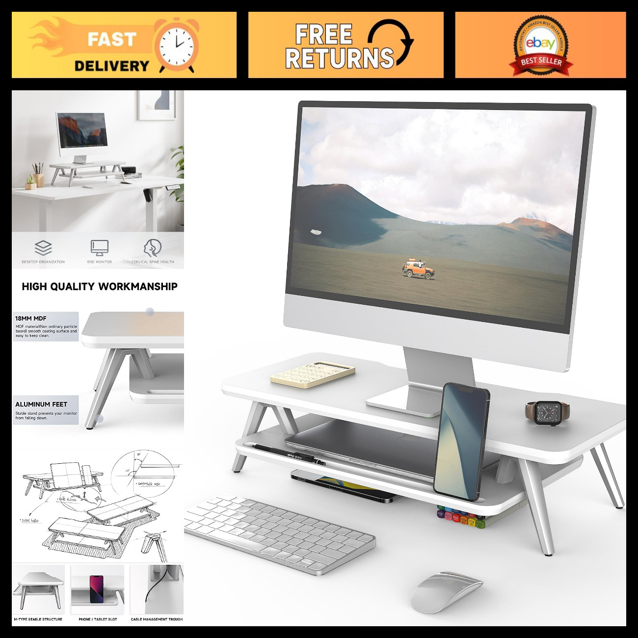 Wooden Monitor Stand Riser with 2-Tier Storage Shelf for Desk Organization