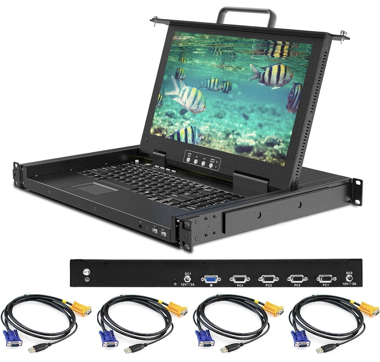 Server Data Center 1U VGA 4 Port Rack Mount KVM Switch Console Drawer 1080p LCD