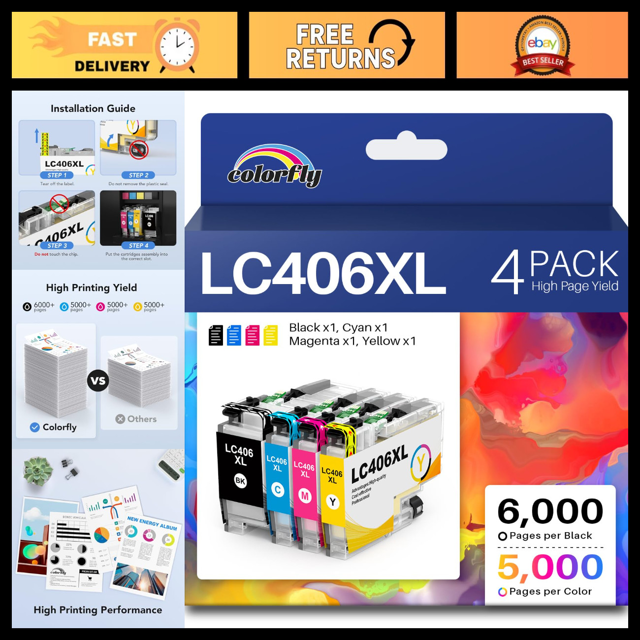 High-Quality Ink Cartridges Combo Pack for Brother Printers - 4 Pack Replacement