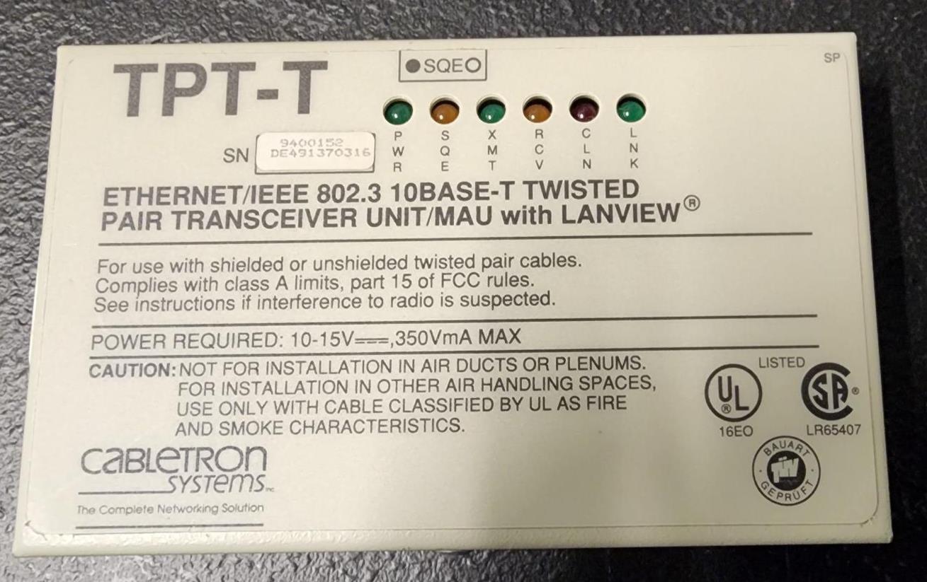 Cabletron TPT-T Ethernet Adapter Twisted Pair Transceiver with Lanview
