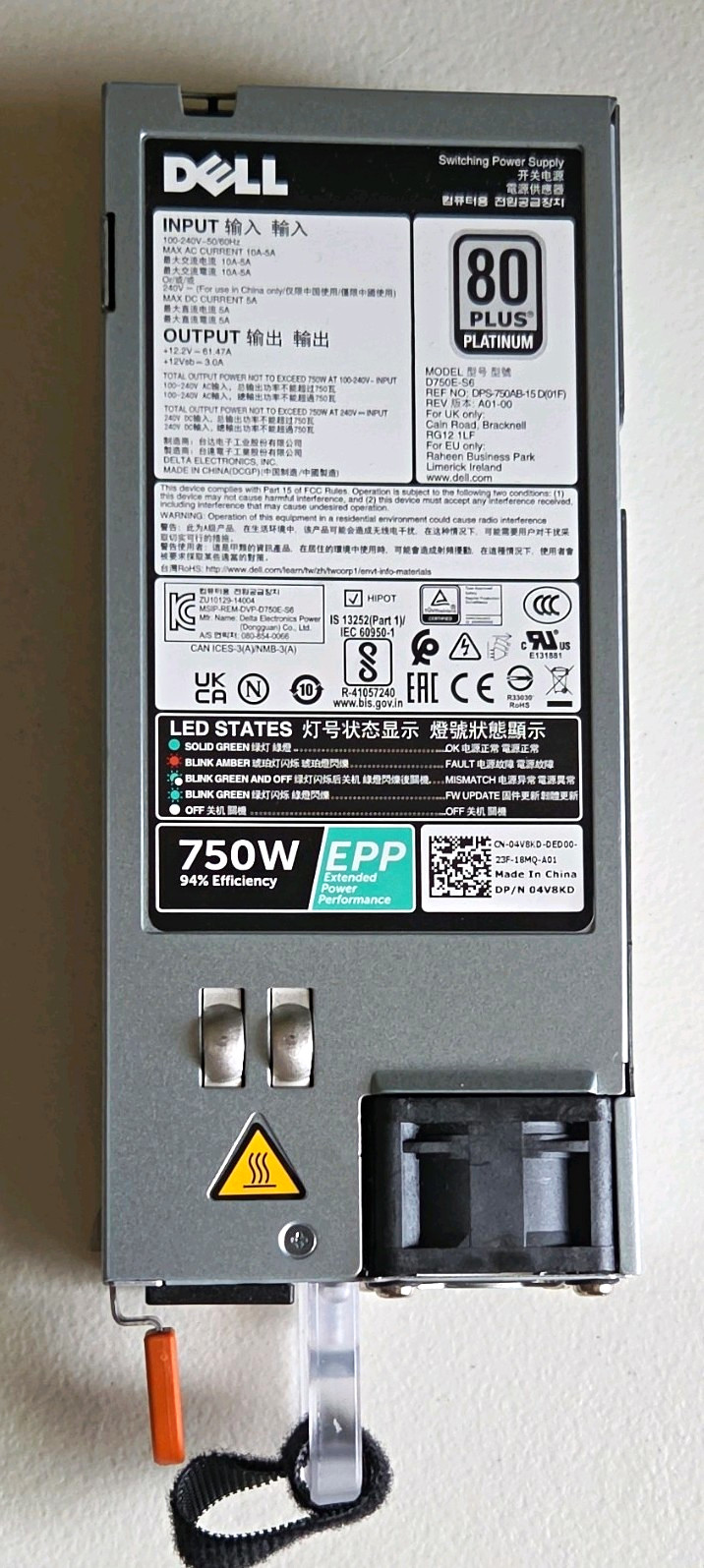 Dell EPP 750W 80 PLUS Platinum Hot-Plug Server Power Supply D750E-S6 4V8KD