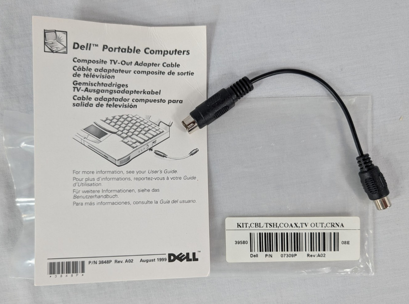 Dell Portable Computers Composite TV-Out Adapter Cable P/N 3848P Rev. A02 Used