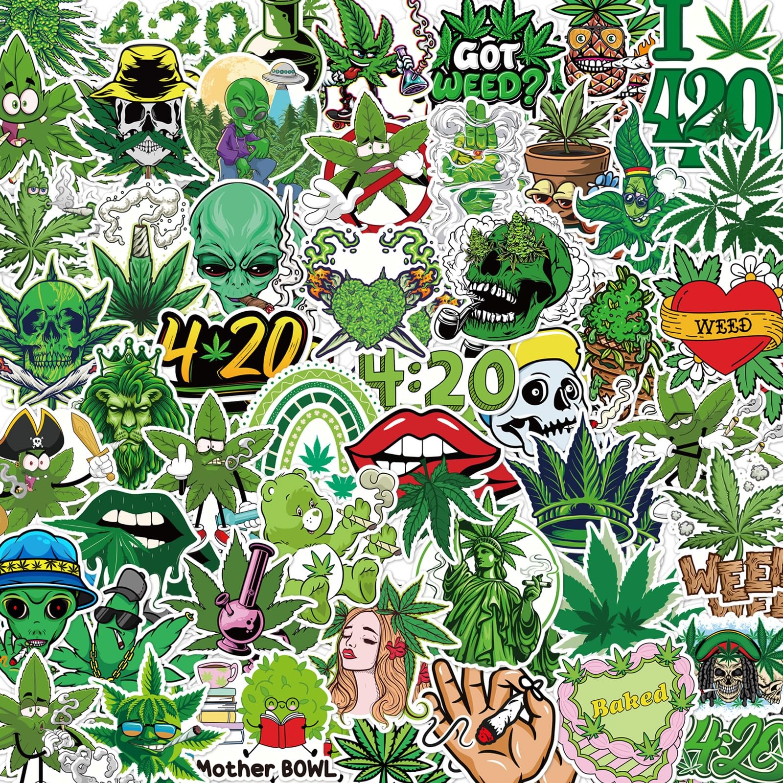 Vemfare Weed Plant Stickers for Adults - 100 Pcs Green 2x2 inches, 