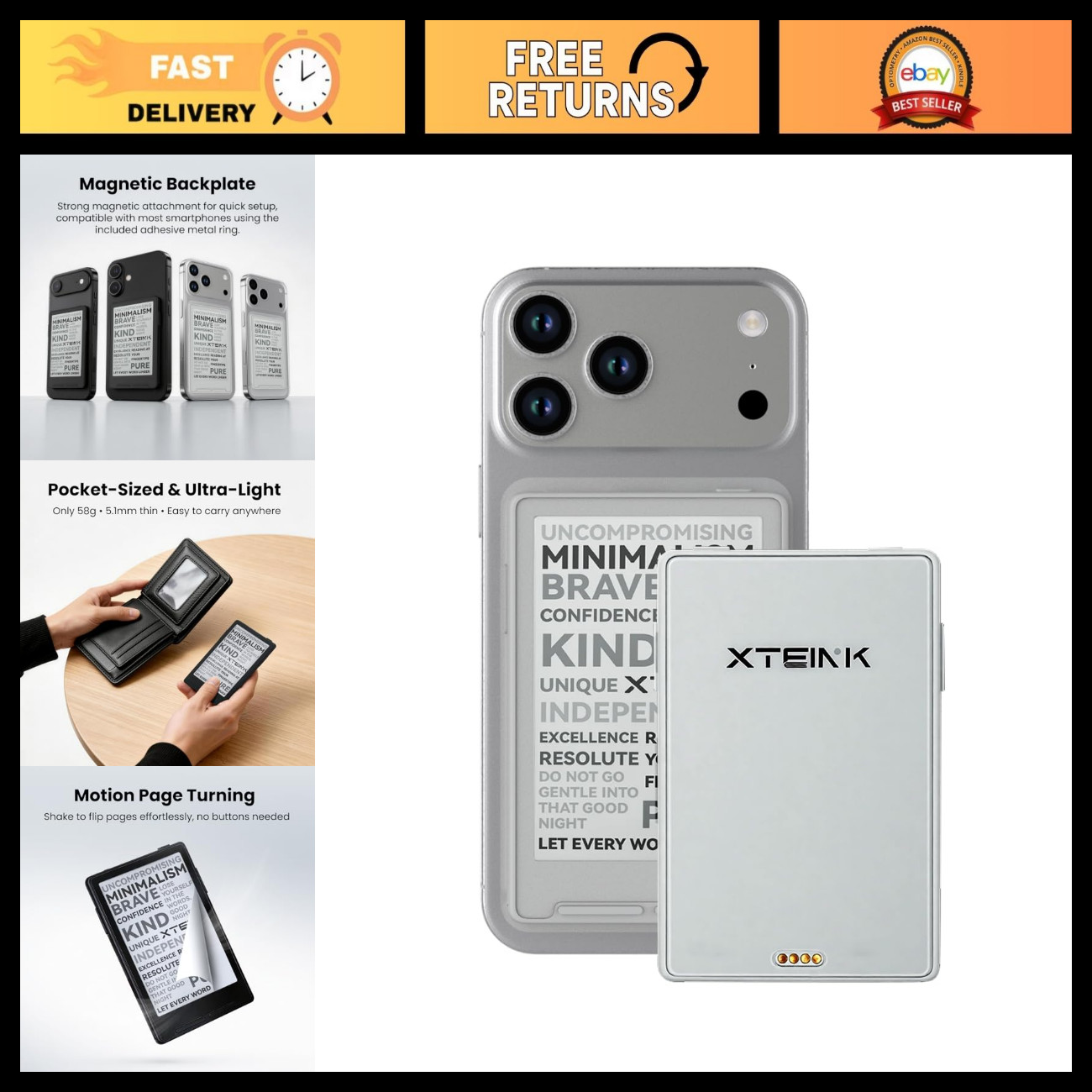 Compact 3.7" E-Ink Pocket eBook Reader, Lightweight 58g, Magnetic Mini Ereader