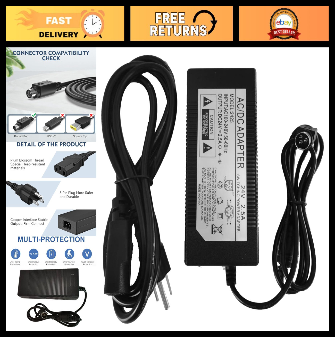 24V 3-Pin AC Adapter for Epson POS Printers TM-T88II T88III PS-150 PS-170 Charge