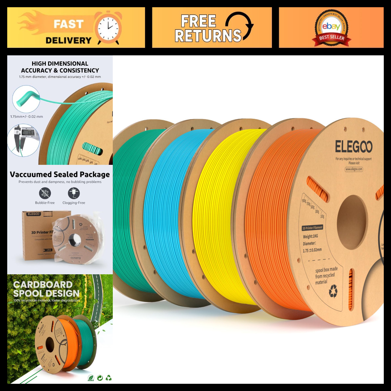 High-Quality PLA Plus 3D Printer Filament 4KG - Orange, Yellow, Sea Green, Sky B