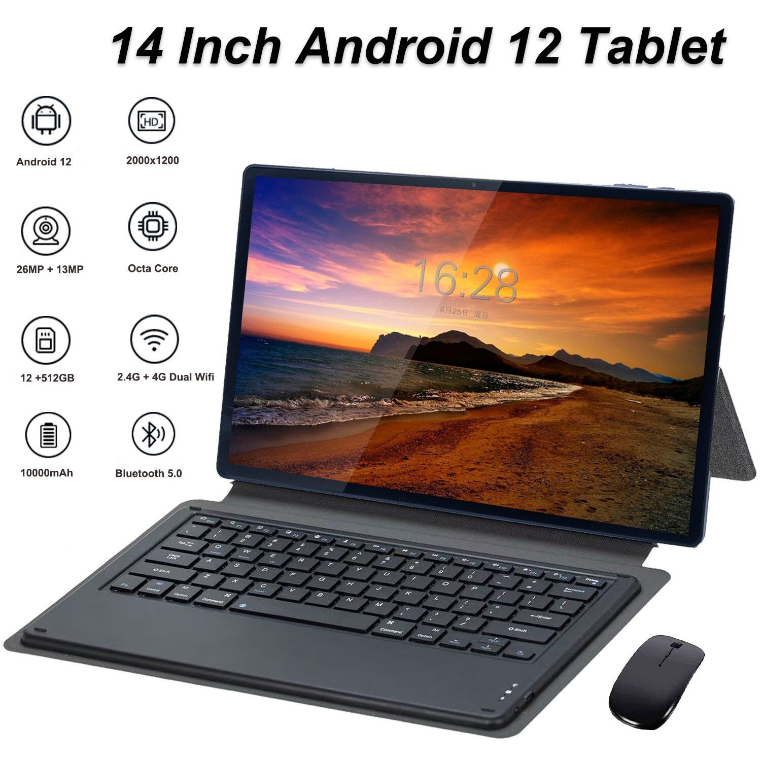 14in 4G Tablet Android 12 12GB RAM 512GB ROM 2000x1200 IPS Bundle Keyboard Case