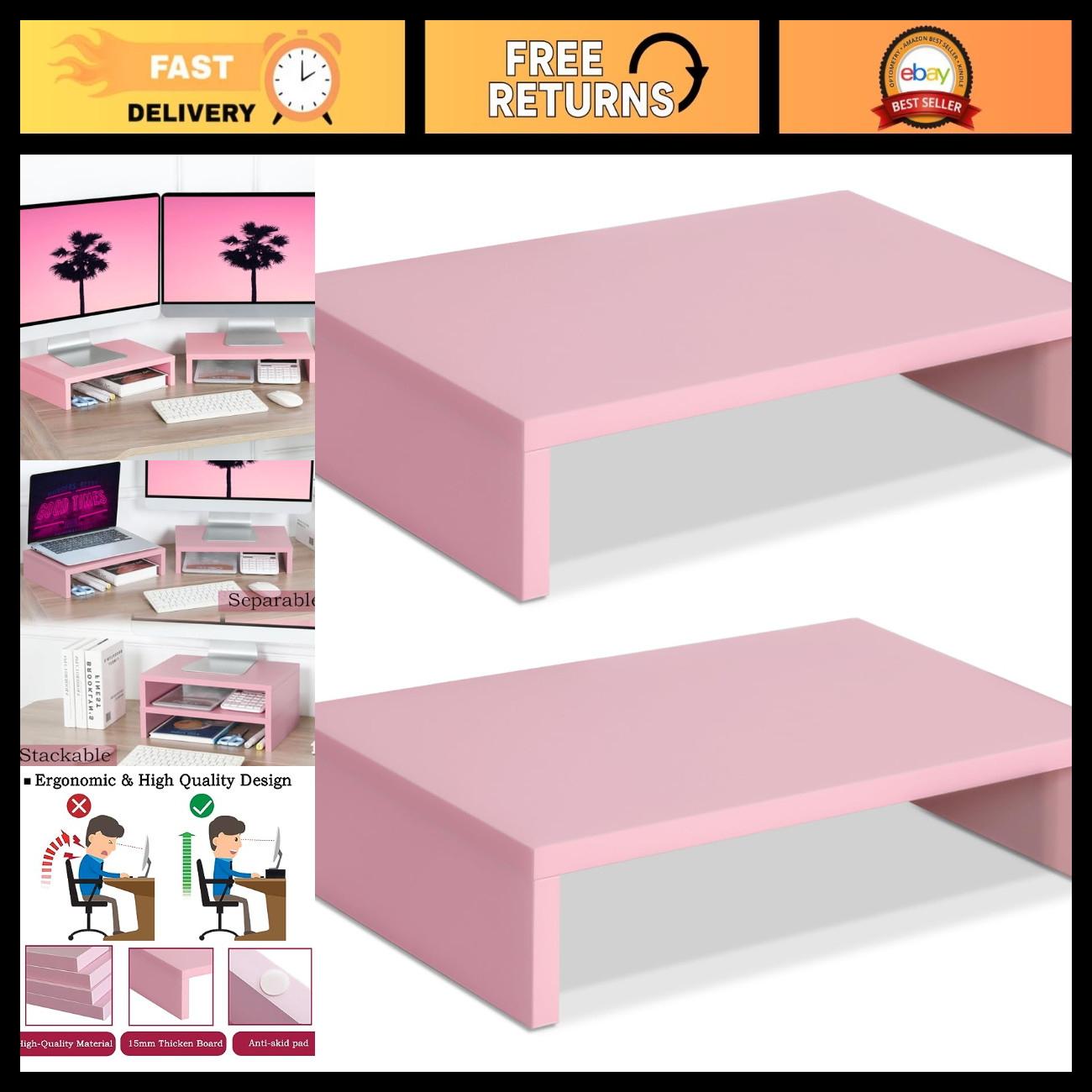 Pink Monitor Stand Riser - 2 Pack, Adjustable Wood Desk Organizer for Home Offic