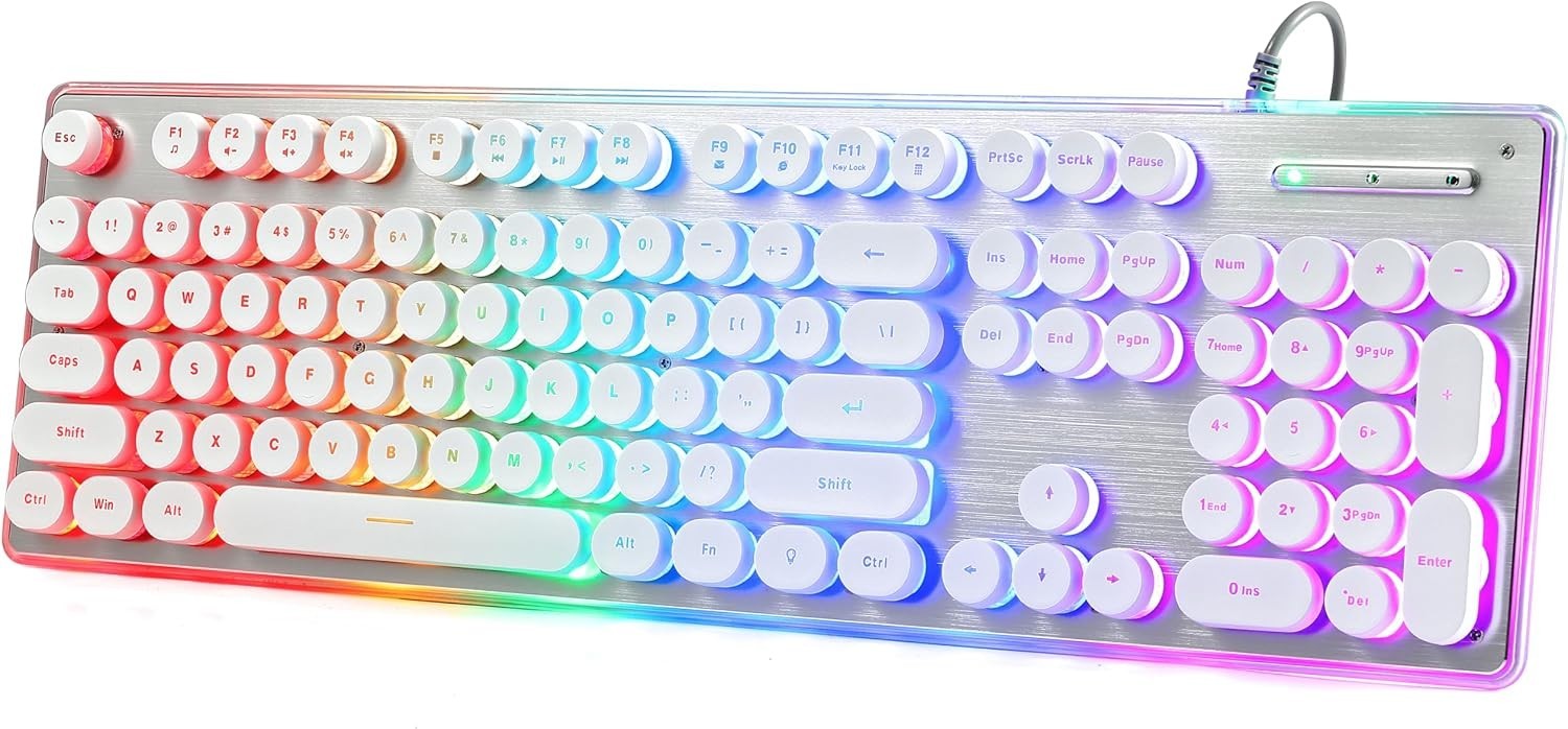 Typewriter Style Keyboard with Metal Panel, Rainbow LED Backlit, Round White 
