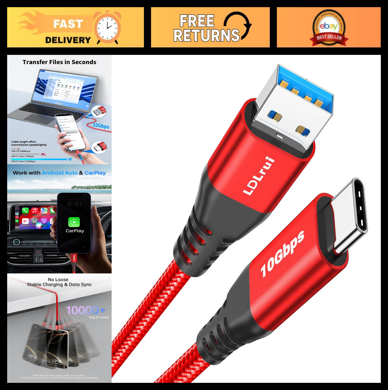 6ft USB C Cable 10Gbps Data Transfer, 3-Pack Braided Type C Charger Cord, Fast C