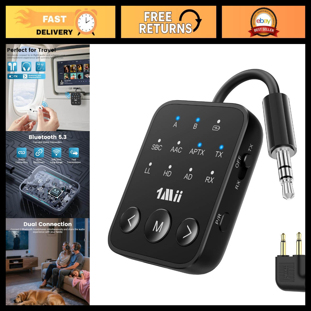 Bluetooth 5.3 Transmitter Receiver for Airplane & TV - SafeFly Dot2, Wireless Au