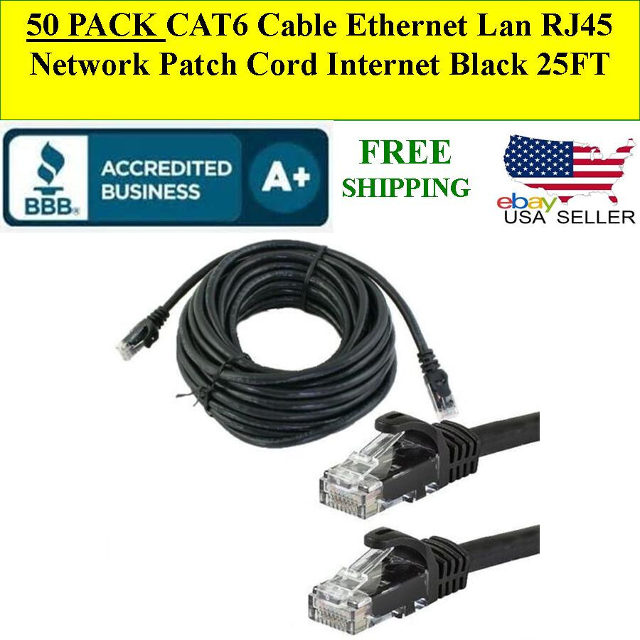 50 PACK CAT6 Cable Ethernet Lan RJ45 Network Patch Cord Internet BLACK 25FT