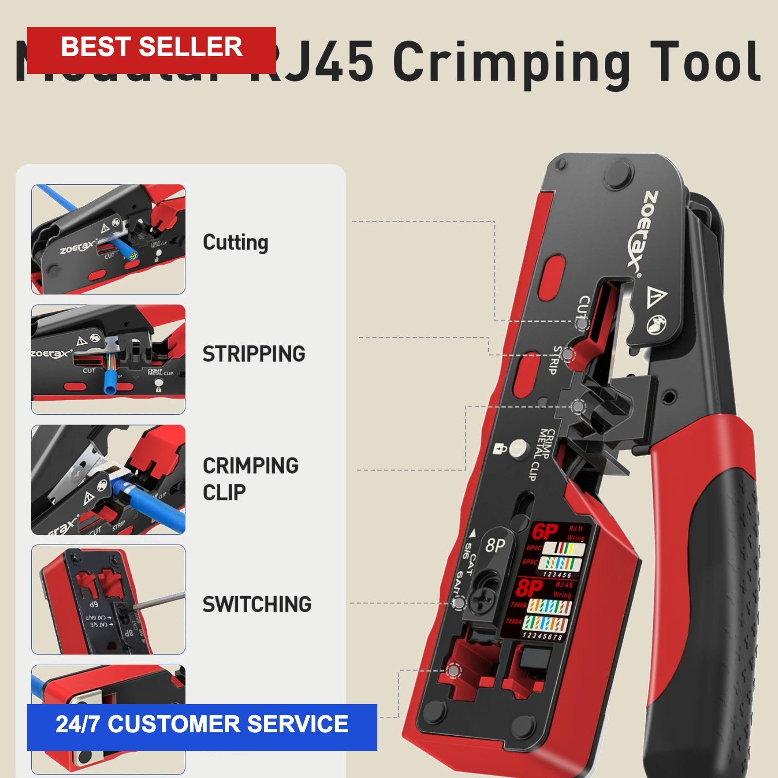 ZoeRax RJ45 CAT7 CAT6A Crimping Tool for Cat7/6a/6/5e Network Connector Wire